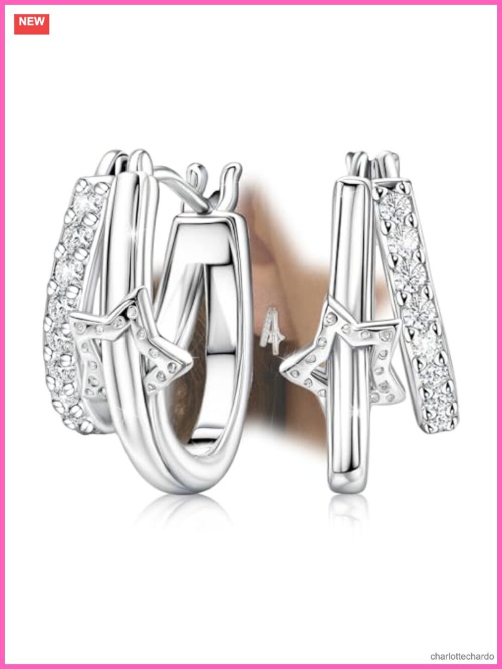 Sterling Silver Huggie Hoop Earrings White Gold Cubic Zirconia Star